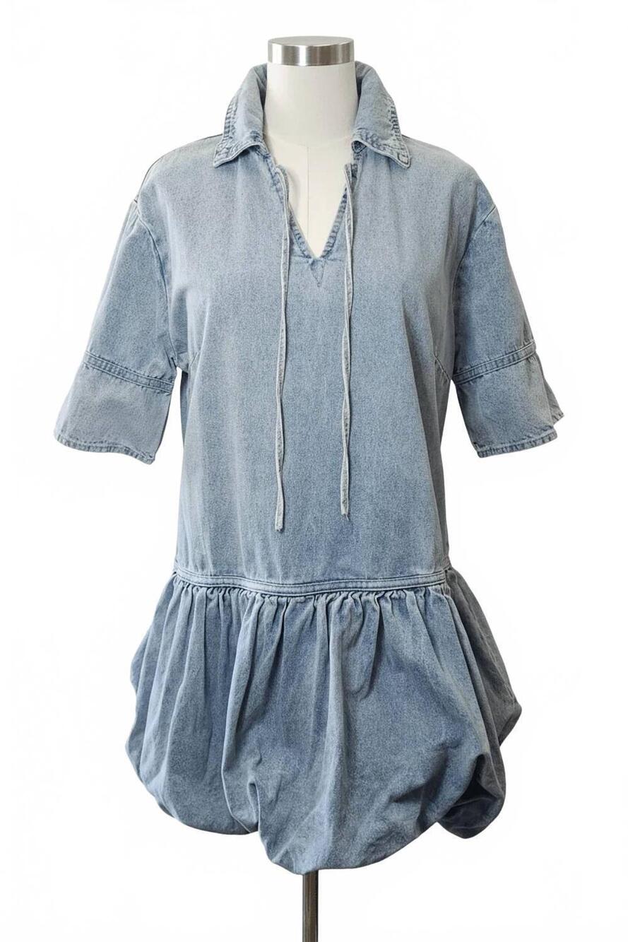 NEW IN THE BEGINNING women's collared bubble mini dress in light blue denim